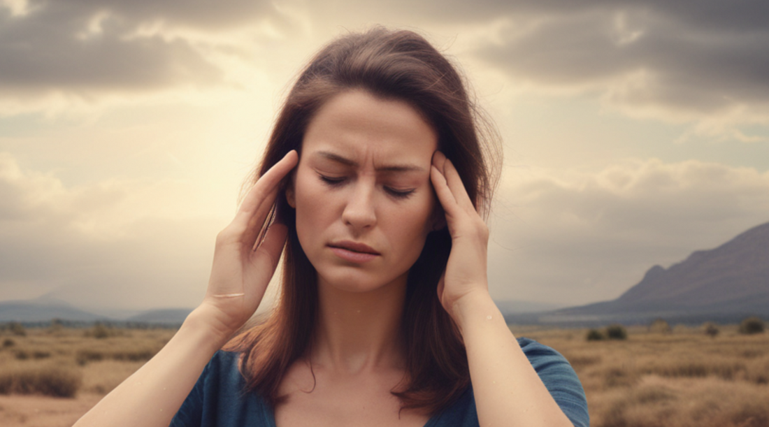 Image depicting a person holding her head in pain from migraines